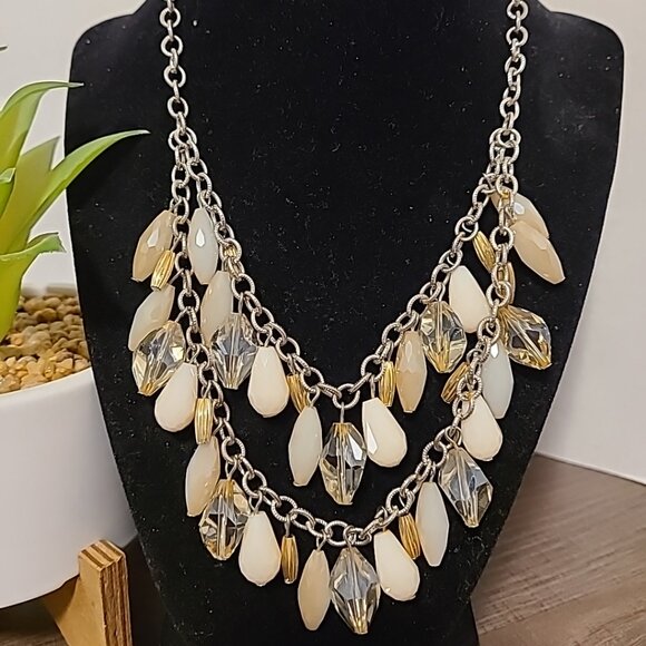 Statement Necklace Silver Tone Chain Beige Cream Clear Bead Dangle Bib Jewelry - Picture 1 of 5